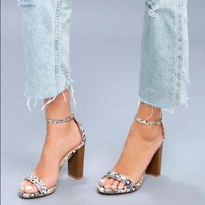 Lulus Taylor Beige Snake Stacked Ankle Strap Heels